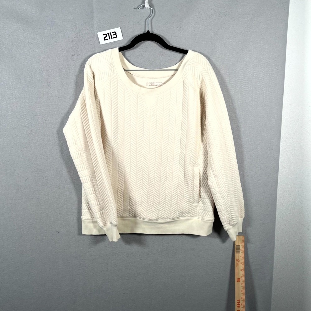 prAna Sweatshirt‎ Womens Medium Beige Chevron Textured Stretch Round Neck Winter